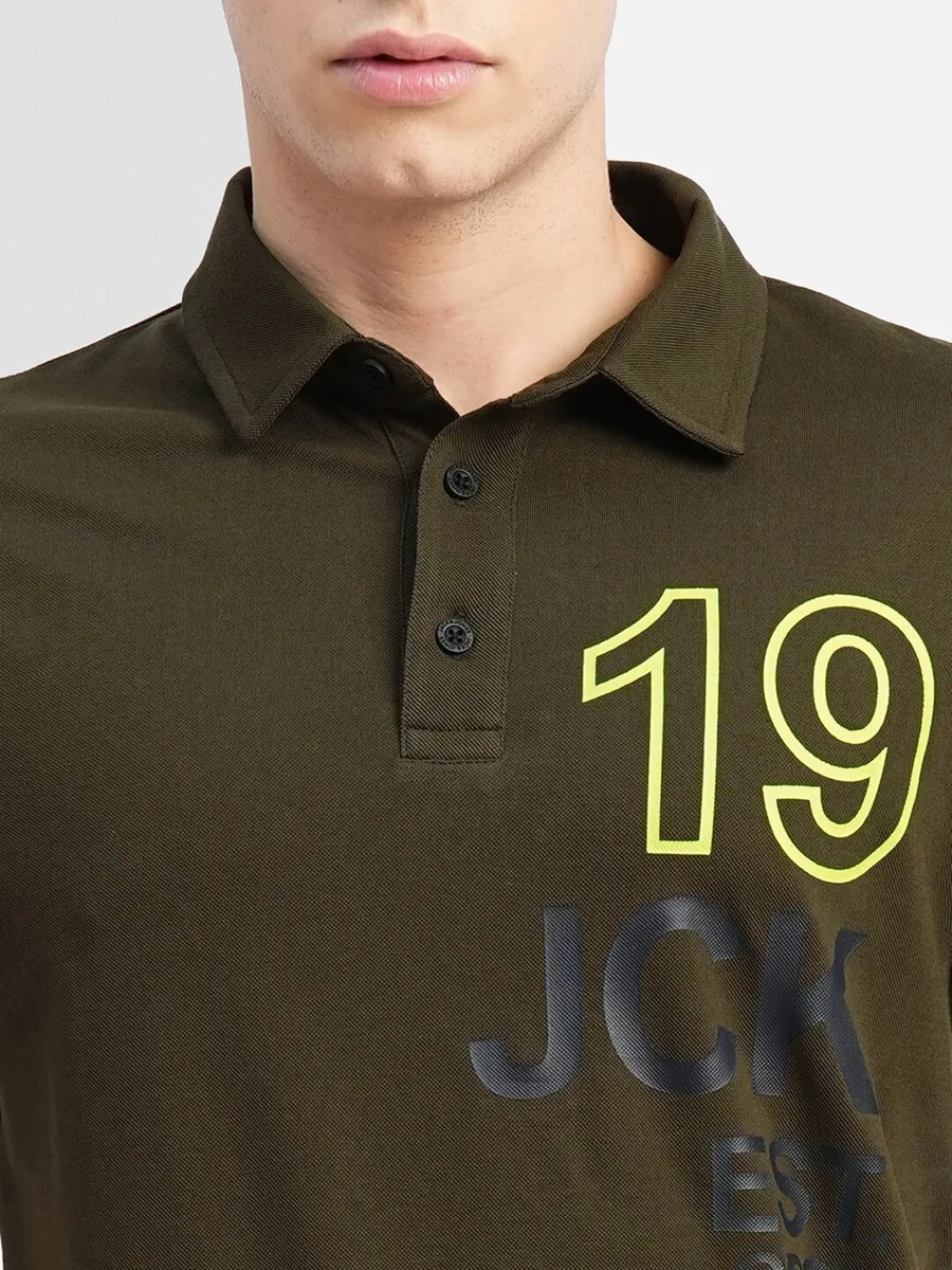 JACK&JONES cotton olive printed polo t shirt