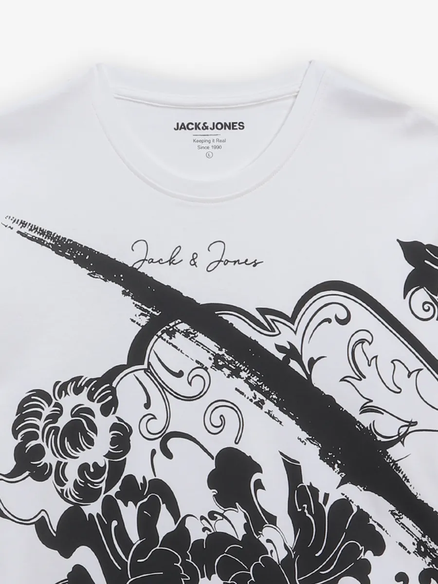 JACK & JONES white printed cotton t-shirt
