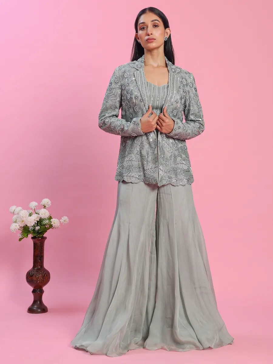 Jacket style grey georgette sharara suit