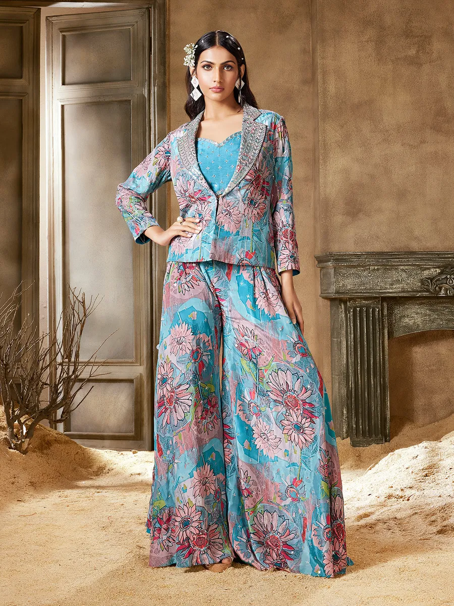 Jacket style printed sky blue palazzo suit