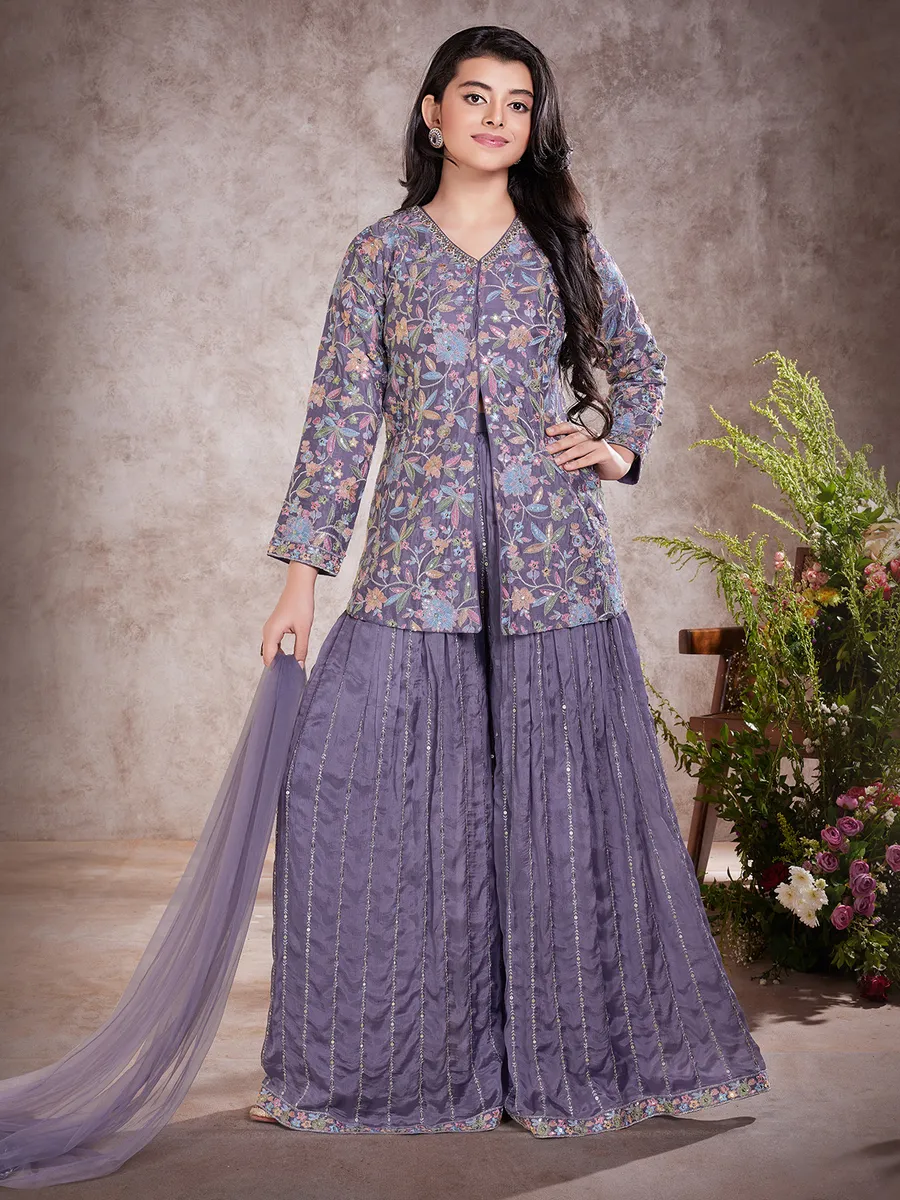 Jacket style purple silk palazzo suit for girls