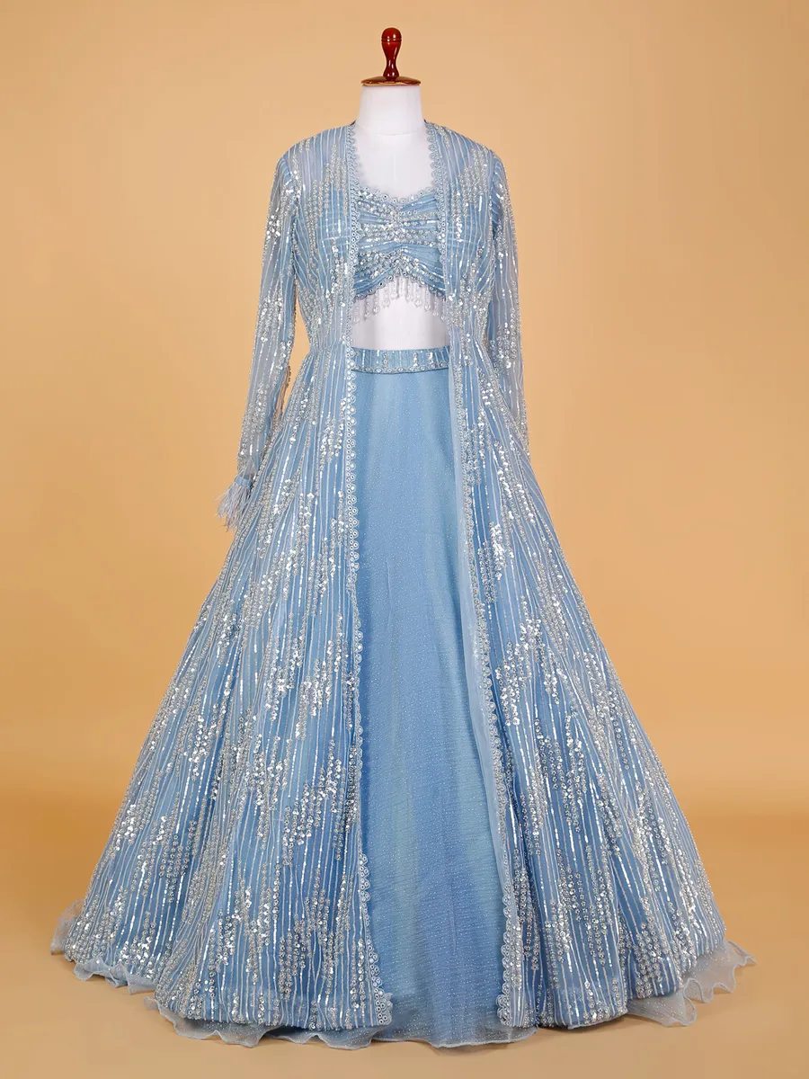 Jacket style sky blue organza lehenga choli