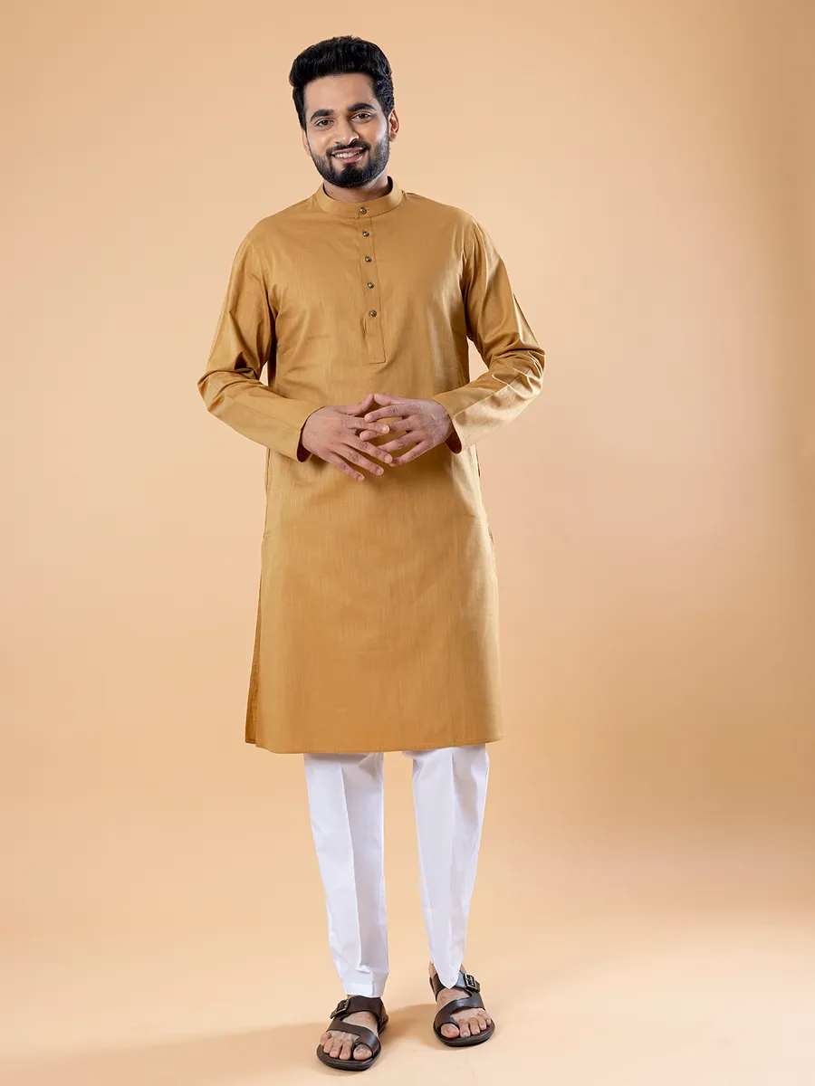 Khaki plain cotton kurta suit