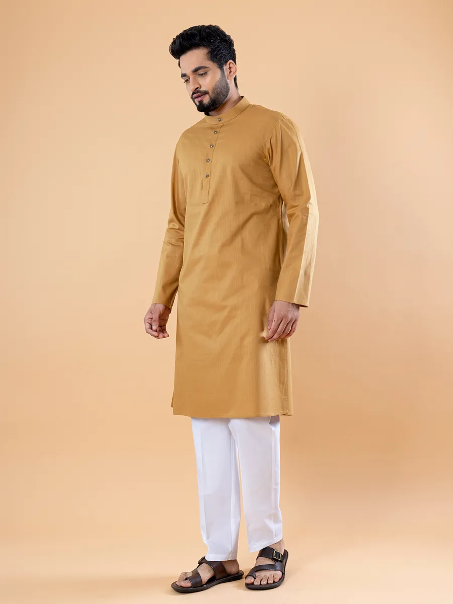 Khaki plain cotton kurta suit