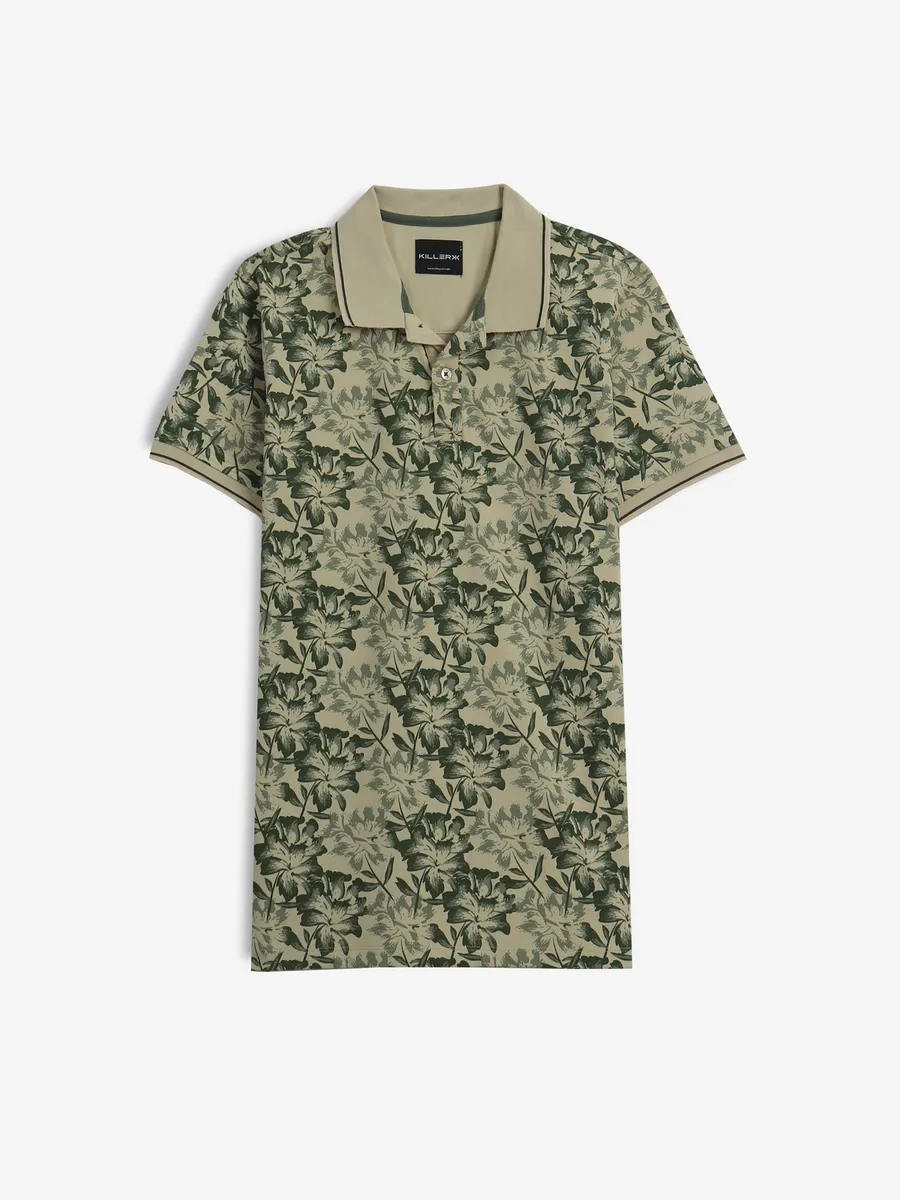 KILLER beige and green printed cotton t-shirt