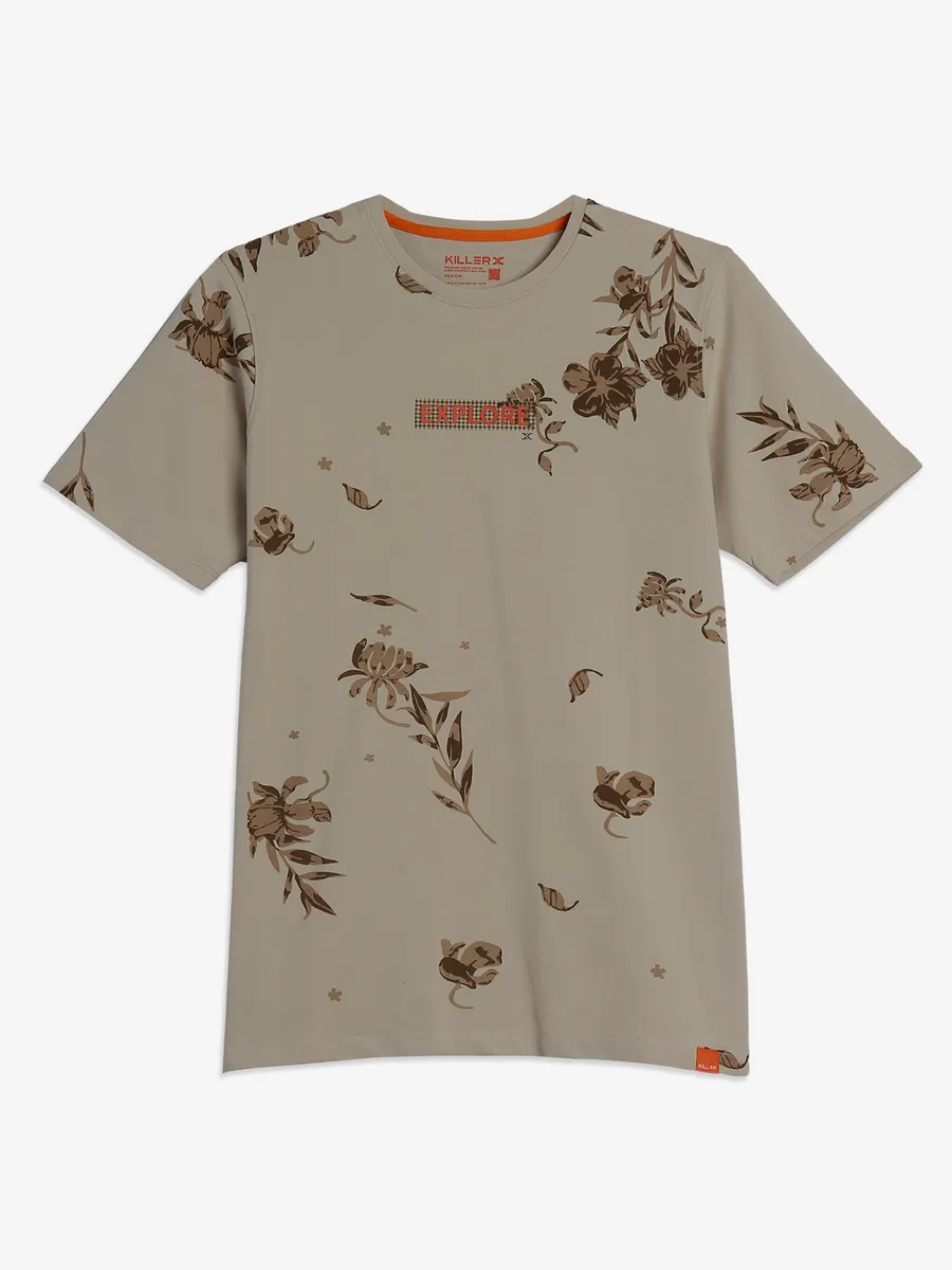 Killer beige floral printed cotton t-shirt