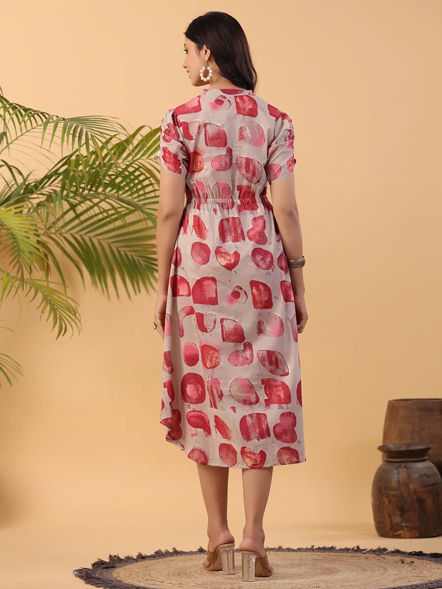 Latest beige and red printed cotton kurti