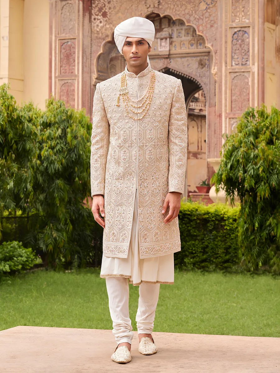 Latest beige silk sherwani