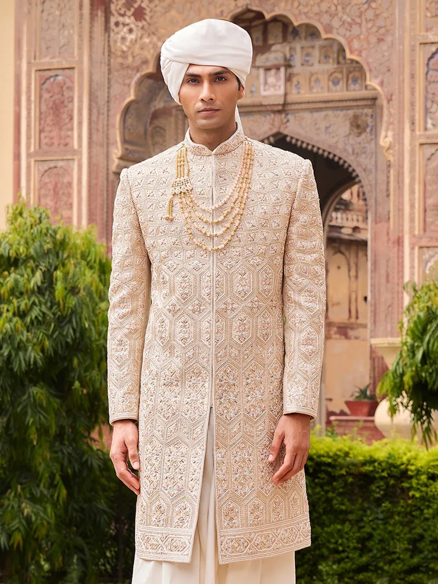 Latest beige silk sherwani