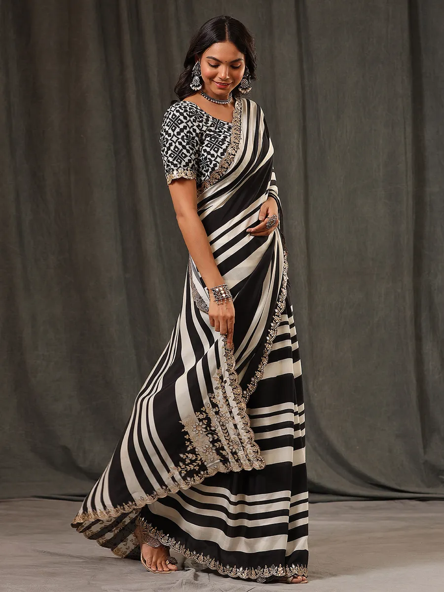 Latest black and white muslin saree