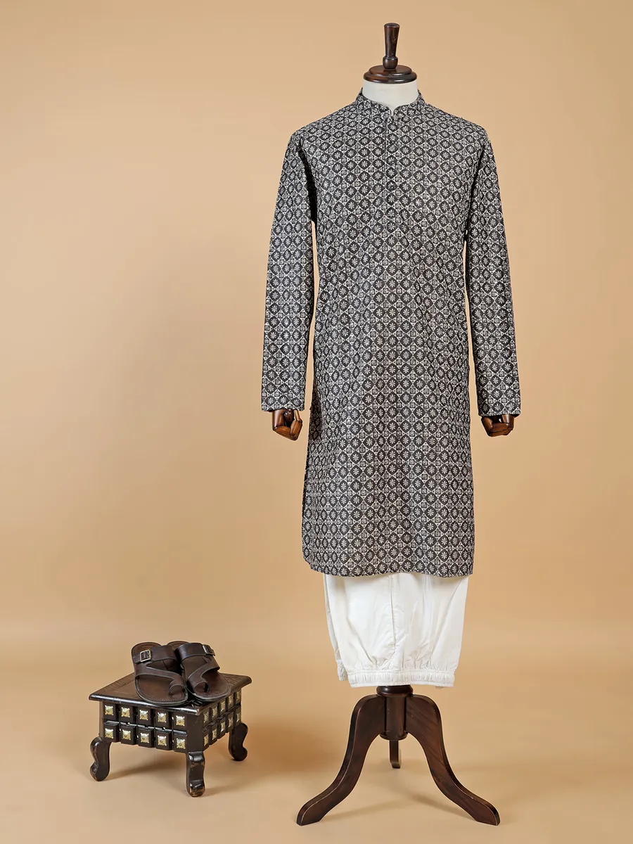 Latest black printed silk  Men Kurta pajama