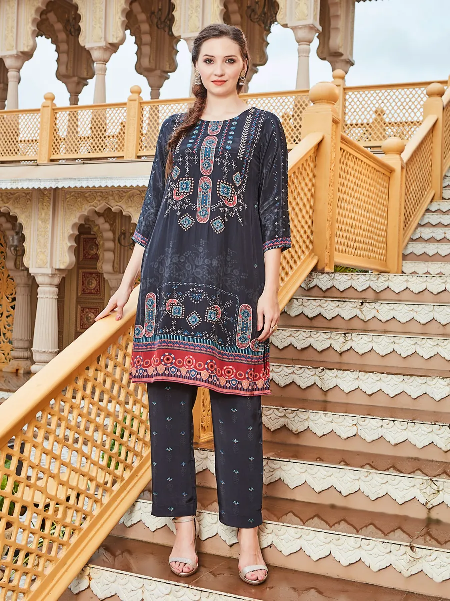Latest black printed silk kurti set