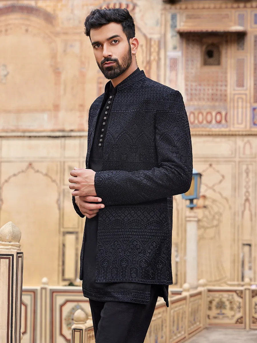 Latest black silk indowestern