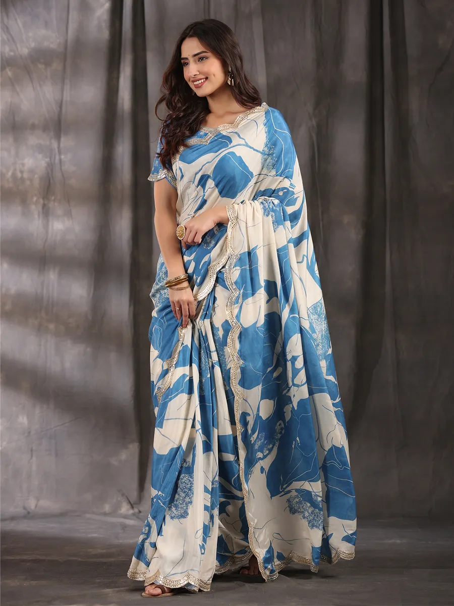 Latest blue muslin printed saree