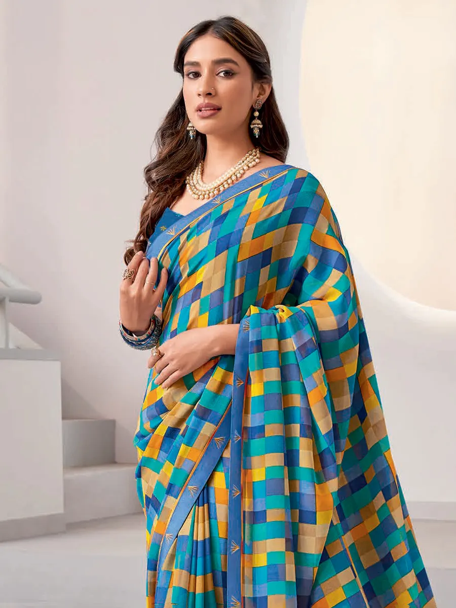 Latest blue printed georgette saree