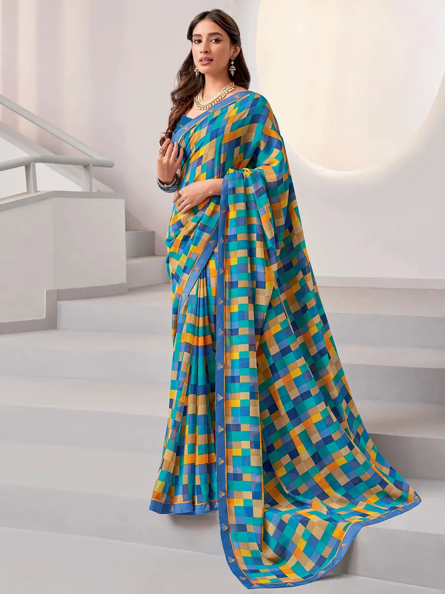 Latest blue printed georgette saree