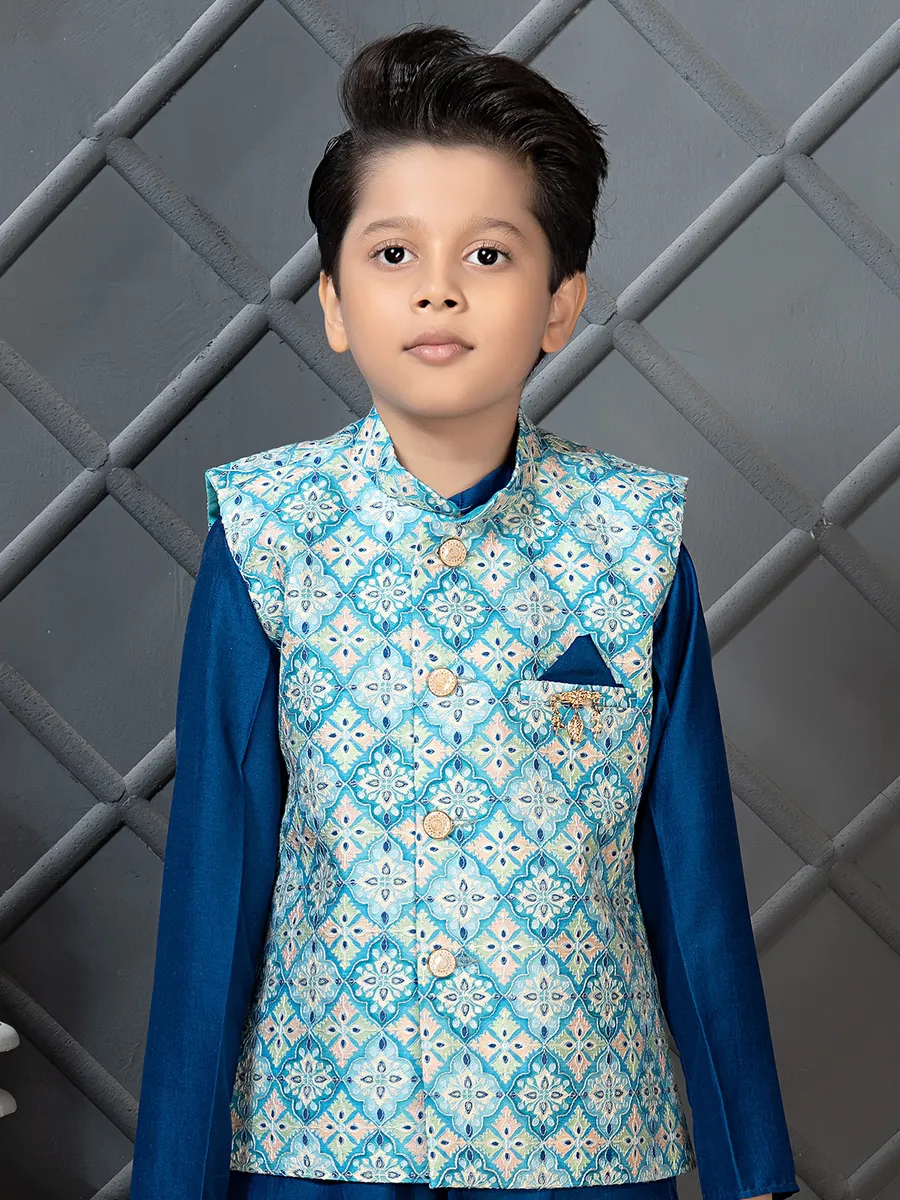 Latest blue shaded silk printed waistcoat set