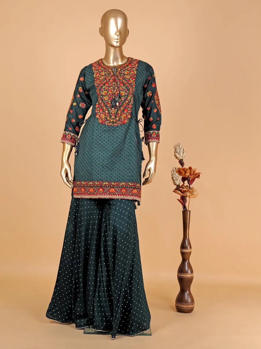 Latest bottle green silk printed sharara suit