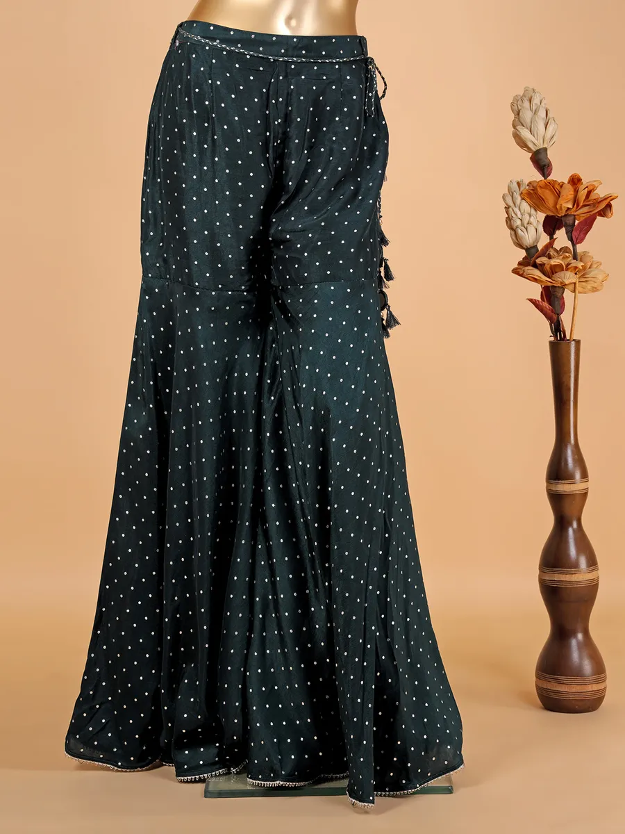 Latest bottle green silk printed sharara suit