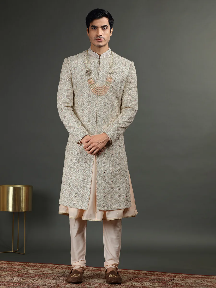 Latest cream groom sherwani in silk