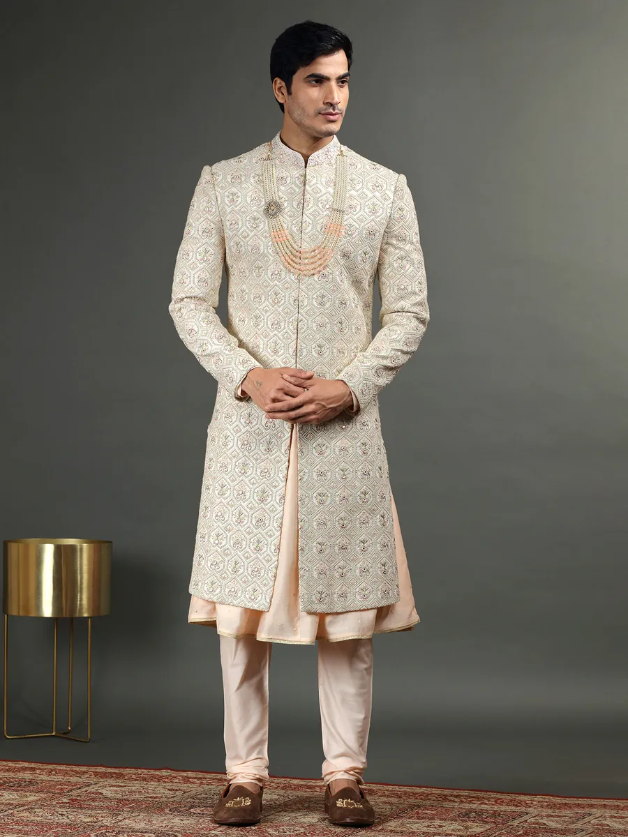 Latest cream groom sherwani in silk