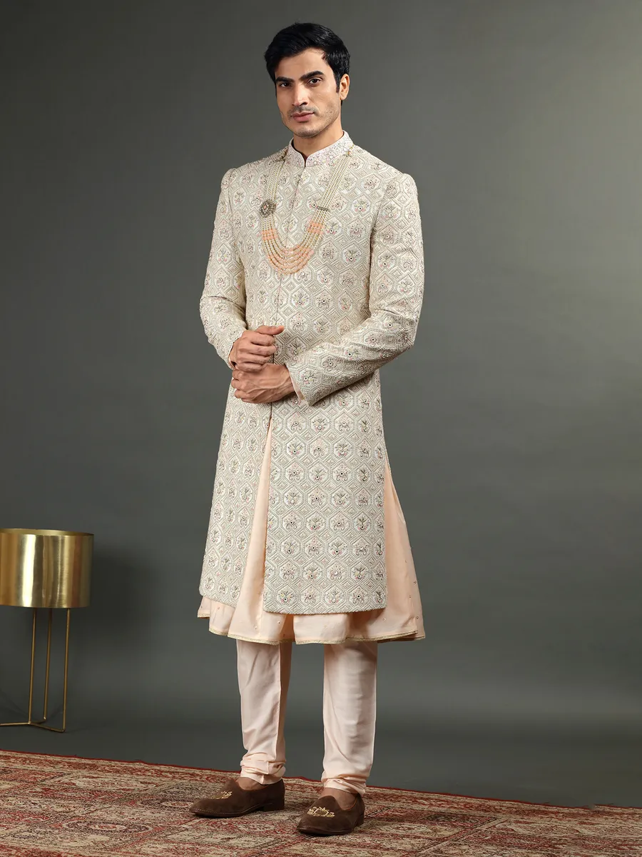 Latest cream groom sherwani in silk