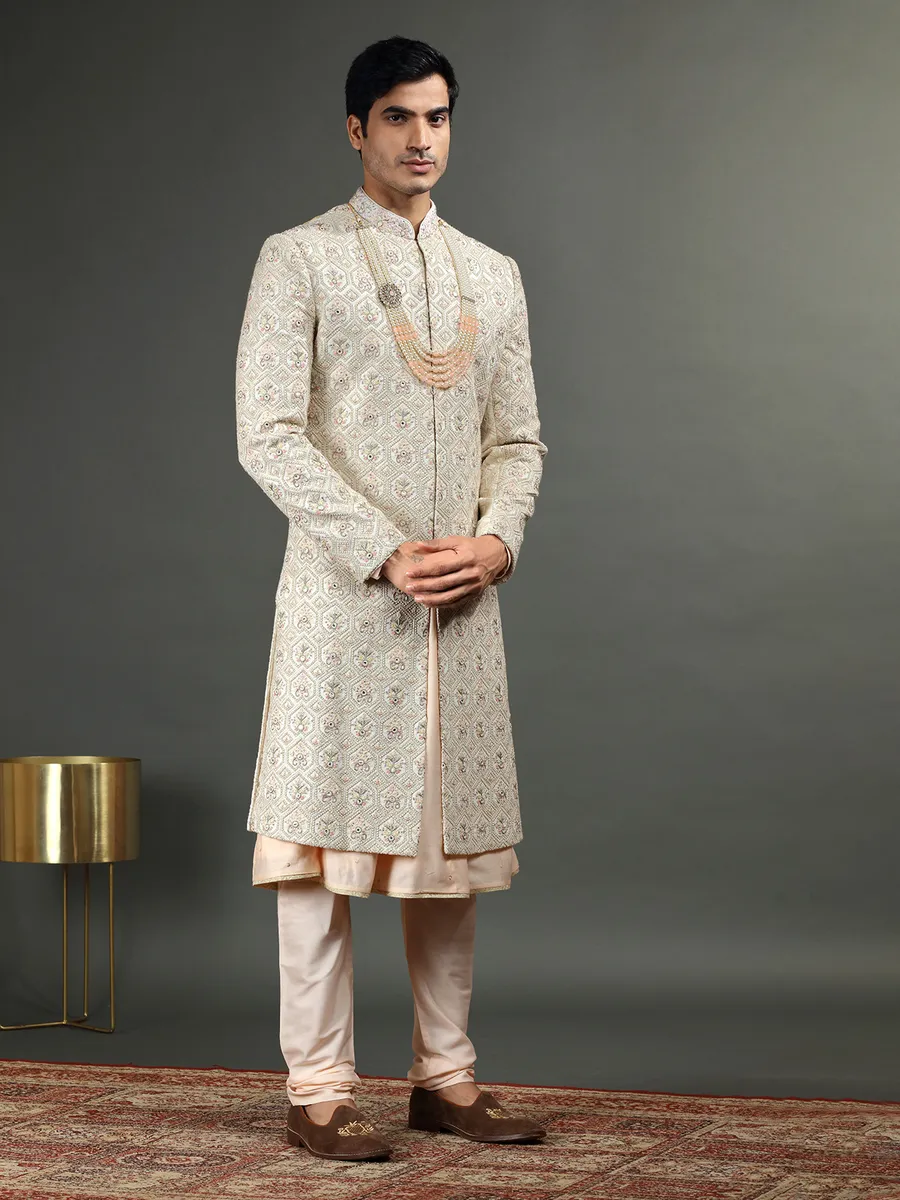 Latest cream groom sherwani in silk