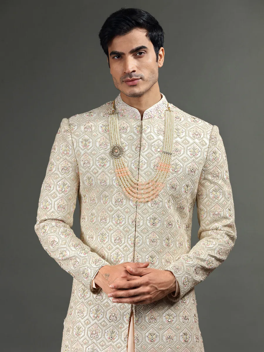 Latest cream groom sherwani in silk