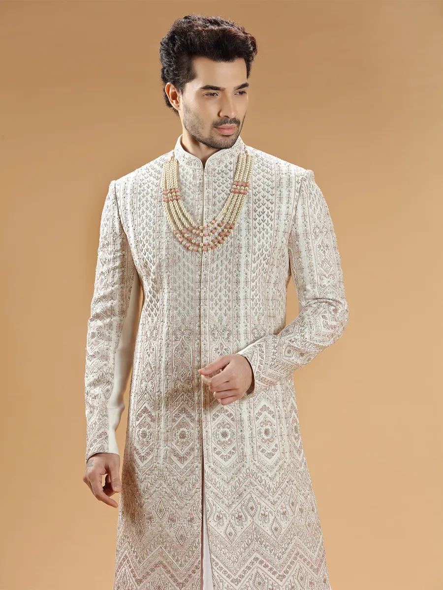 Latest cream raw silk sherwani