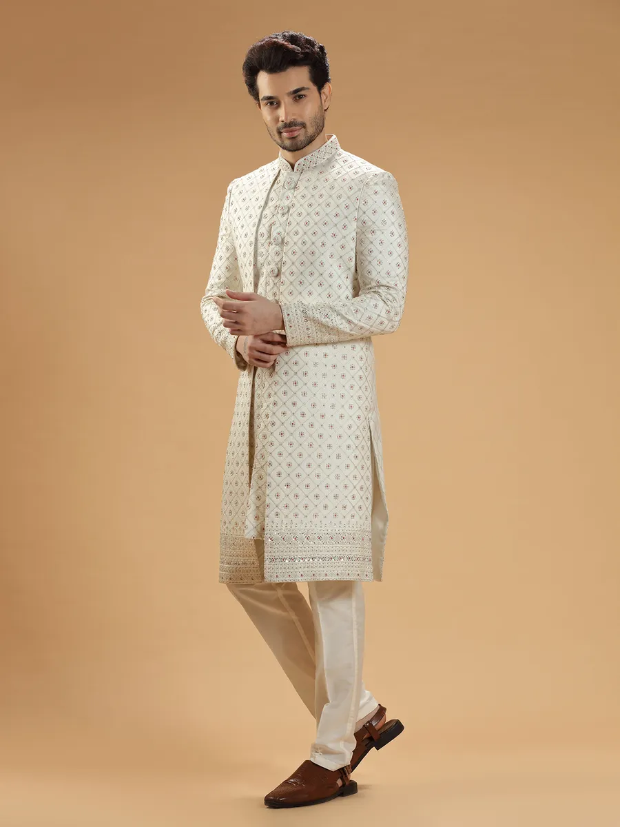 Latest cream silk groom shewani