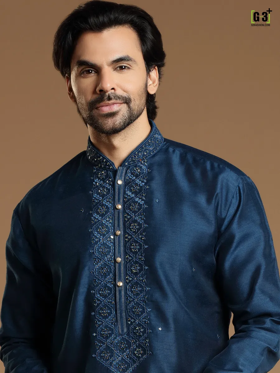 Latest dark blue kurta suit in silk fabric