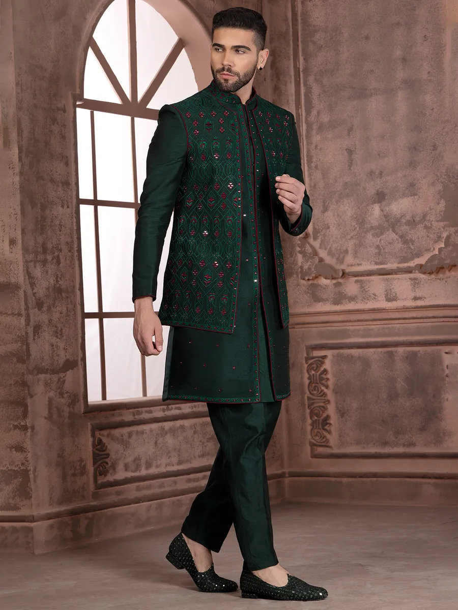 Latest dark green silk indowestern