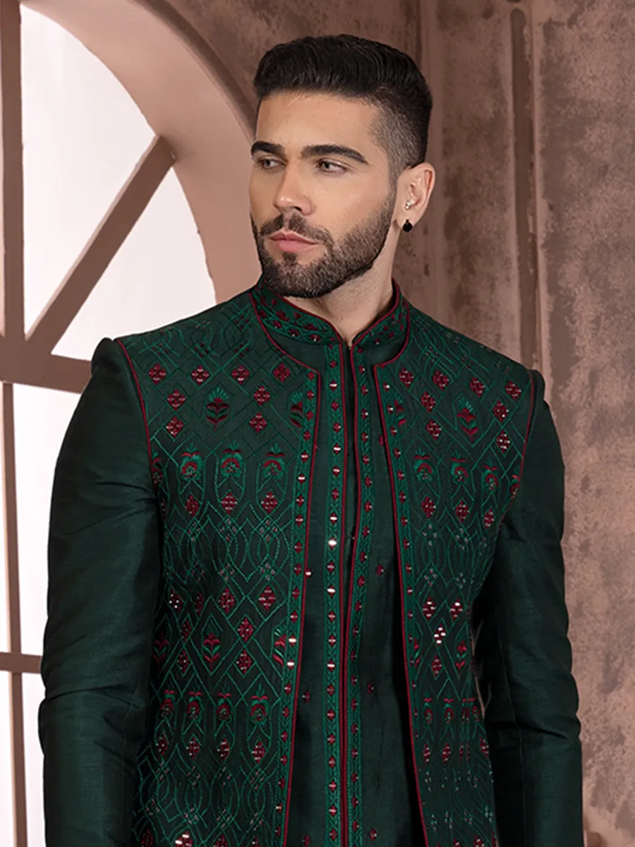 Latest dark green silk indowestern