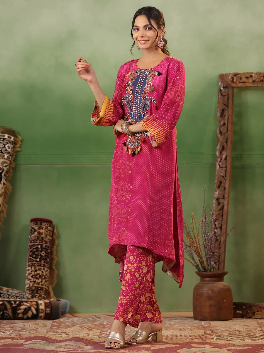Latest dark pink silk printed kurti with pant