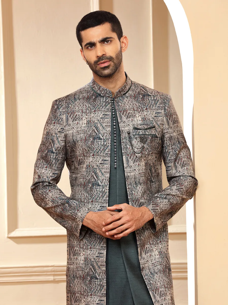 Latest grey raw silk printed indowestern