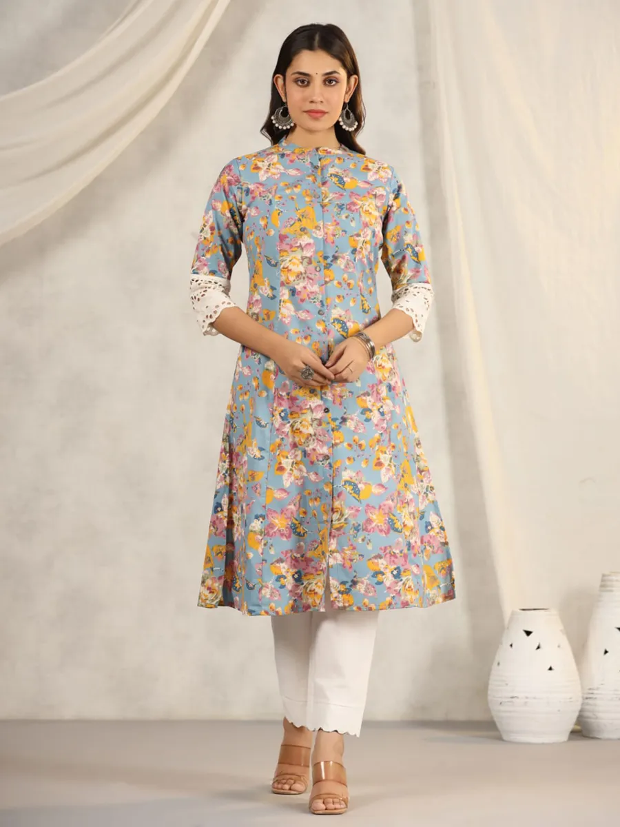 Latest light blue printed kurti in cotton