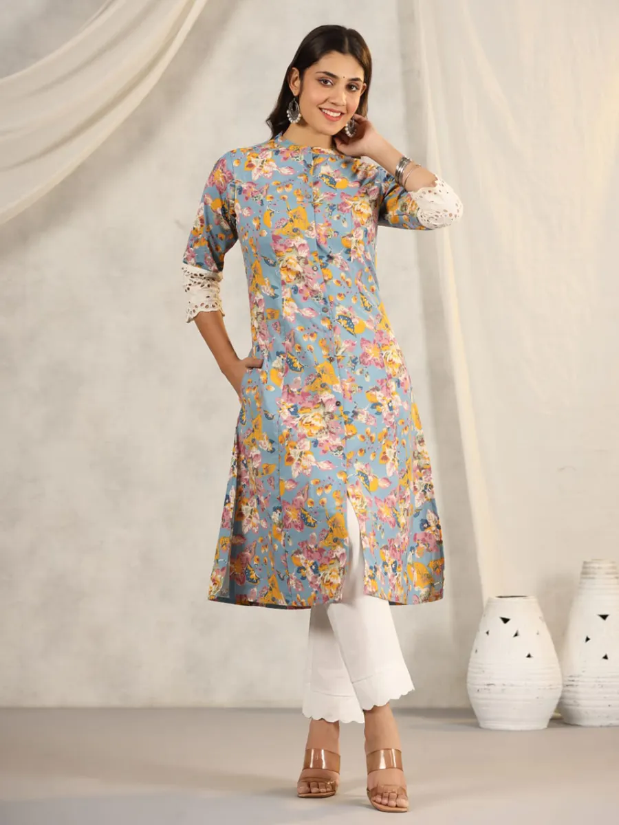 Latest light blue printed kurti in cotton