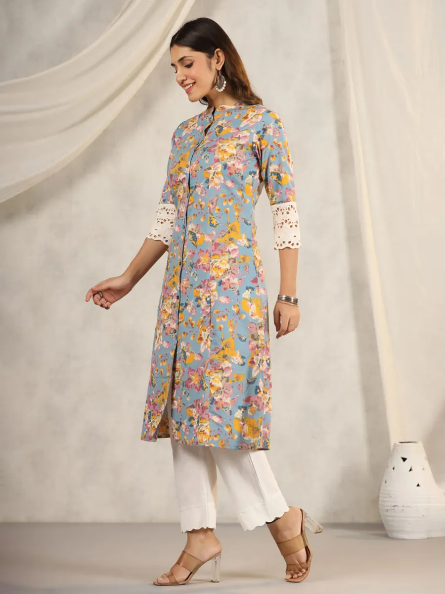 Latest light blue printed kurti in cotton