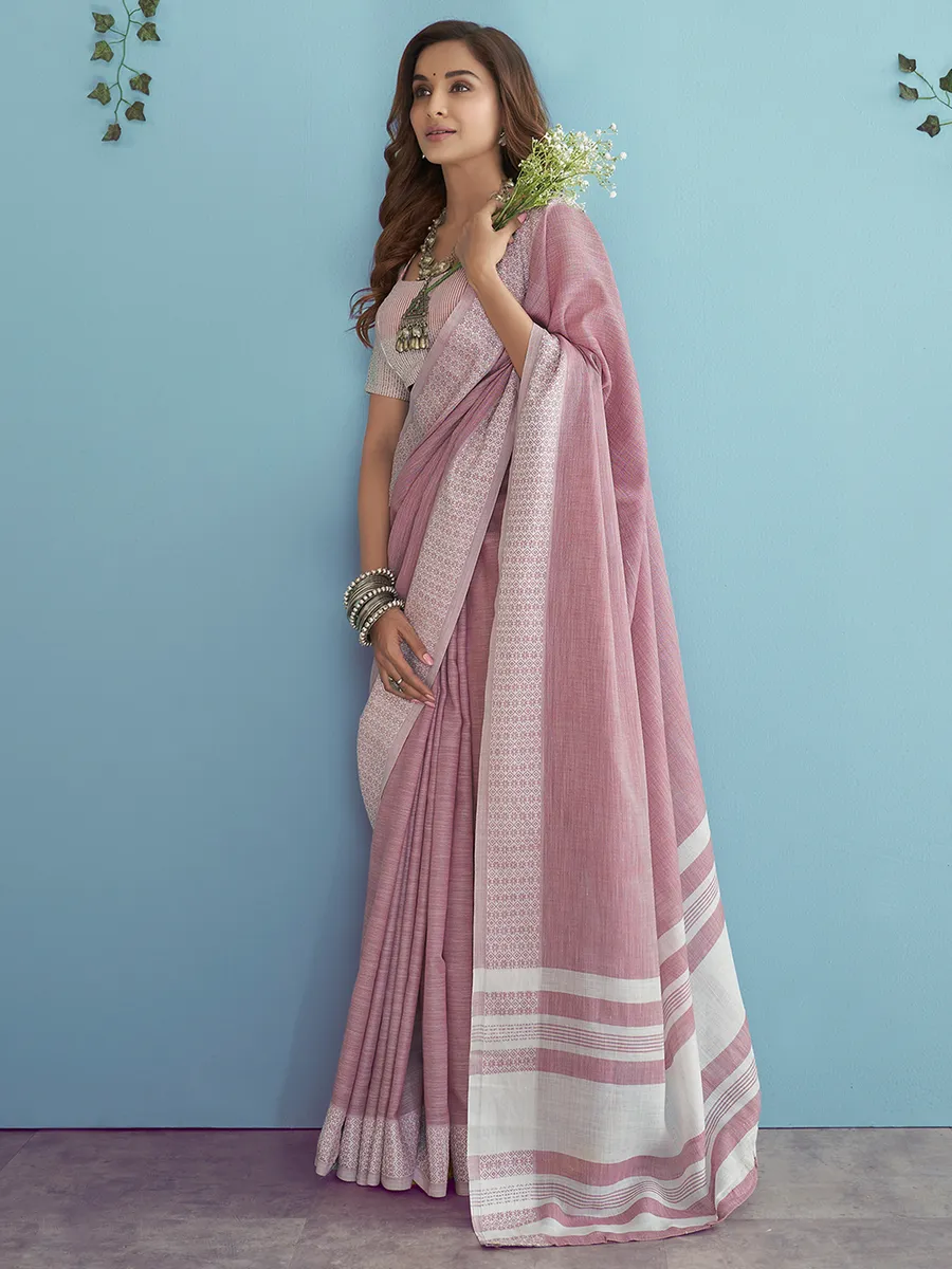 Latest light pink linen saree