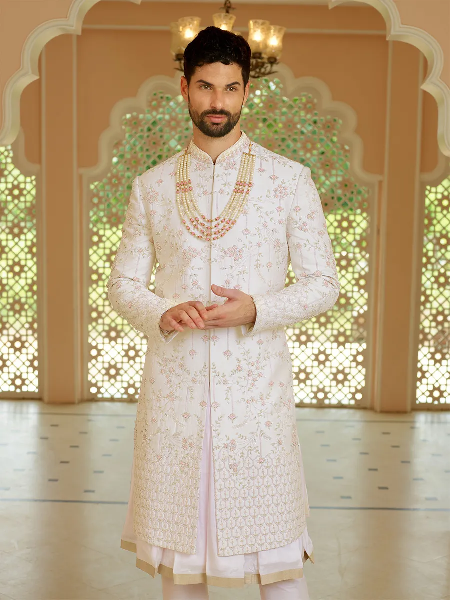 Latest light pink silk sherwani for groom