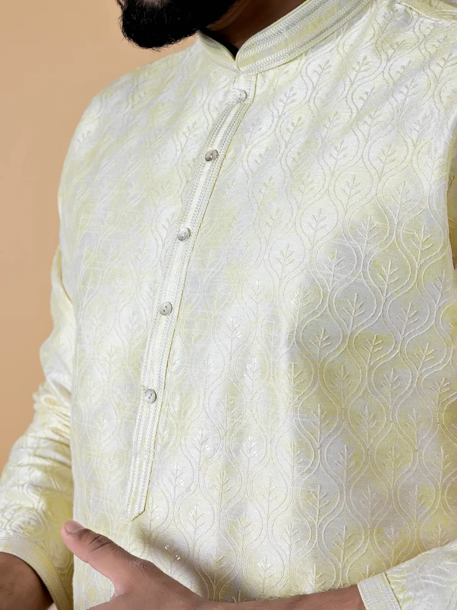 Latest light yellow silk printed kurta suit