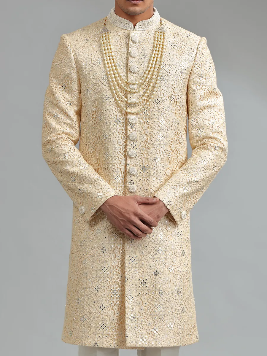 Latest light yellow silk sherwani