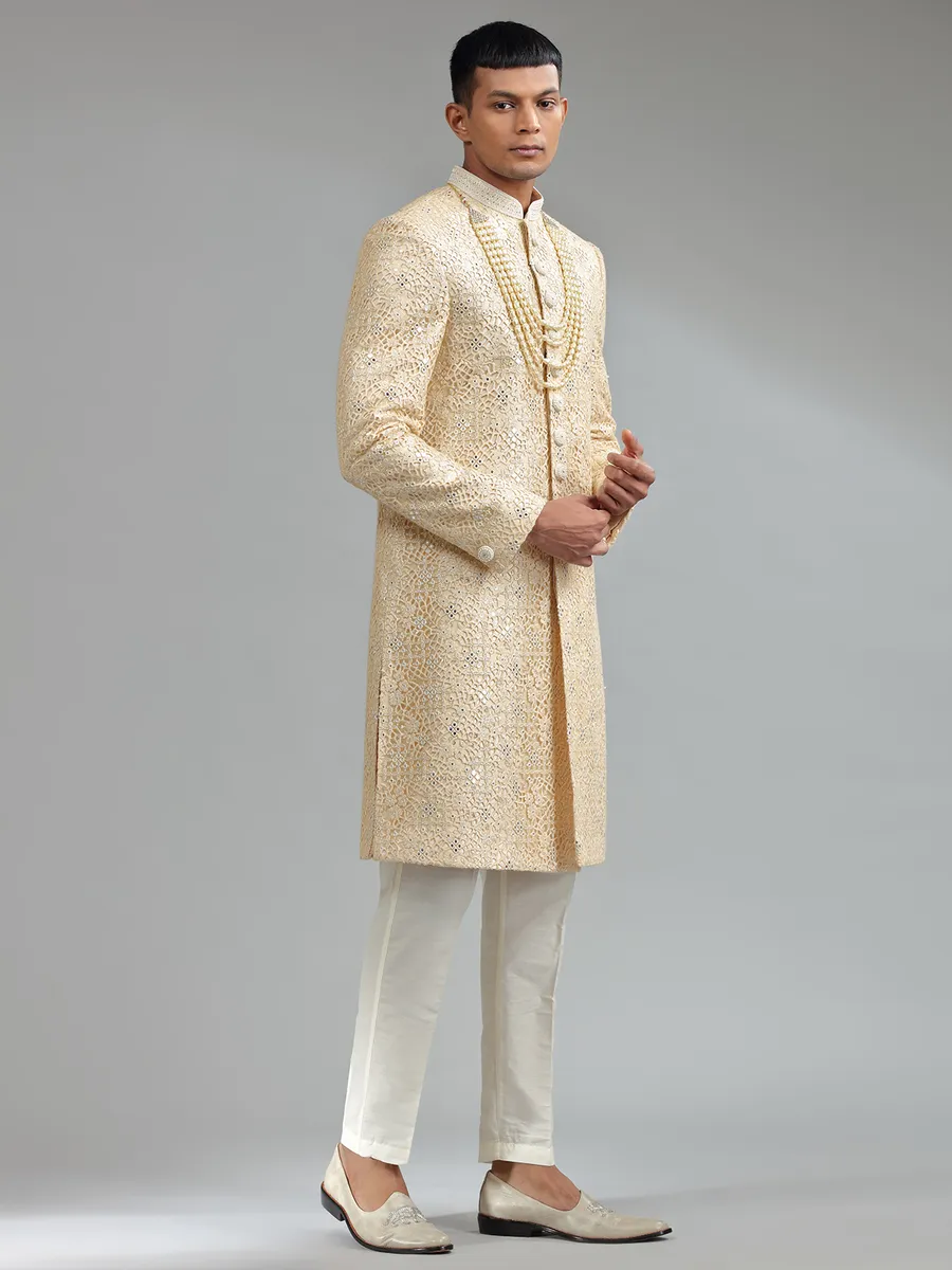 Latest light yellow silk sherwani