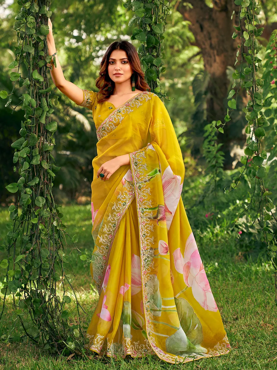 Latest mustard yellow floral printed saree