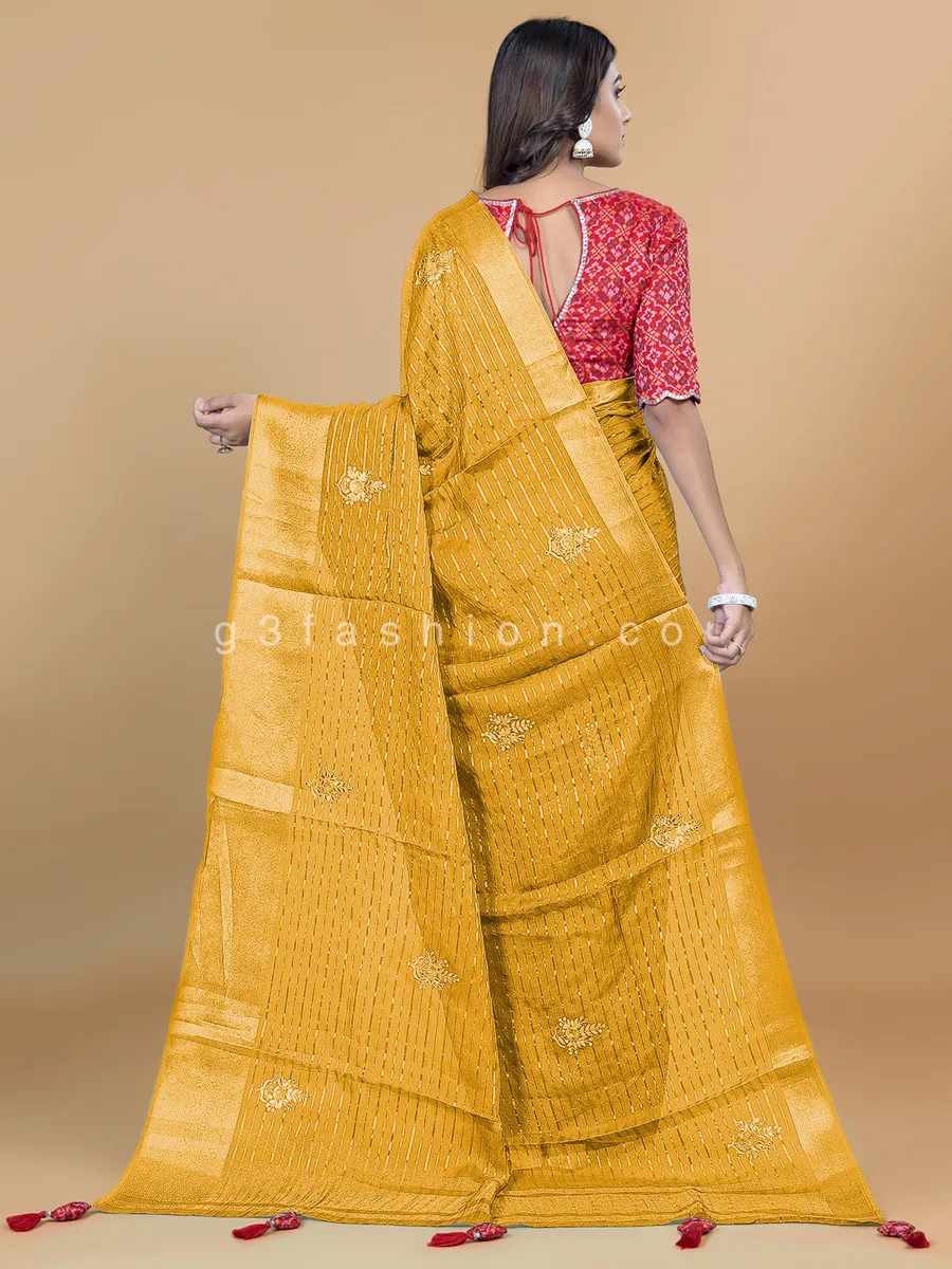 Latest mustard yellow organza saree