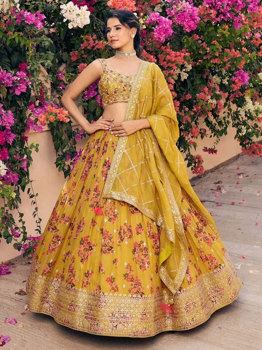 Latest mustard yellow printed lehenga choli