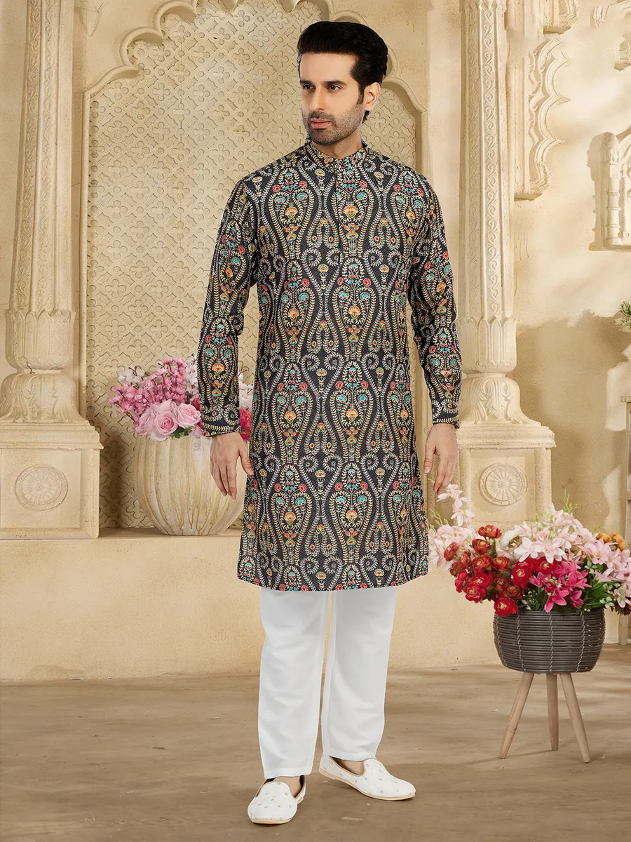 Latest navy printed  Men Kurta pajama in silk