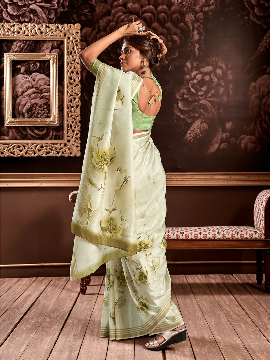 Latest off white silk printed saree