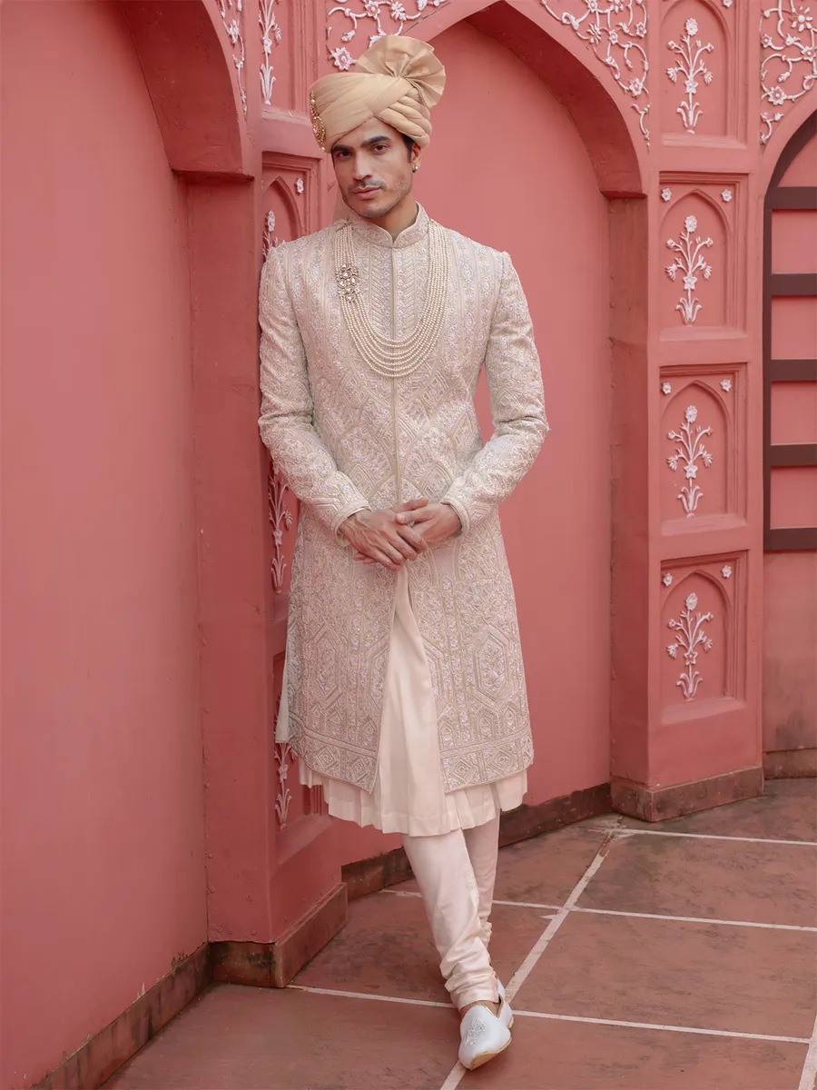 Latest off white silk sherwani