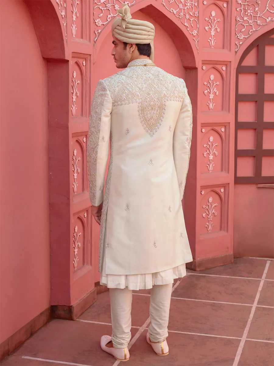 Latest off white silk sherwani